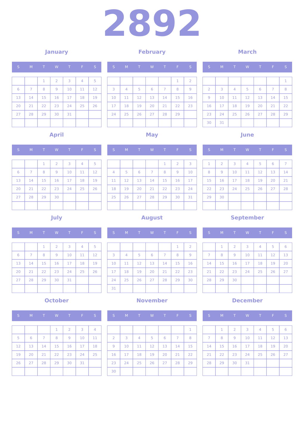 Printable 2892 Year Calendars periwinkle