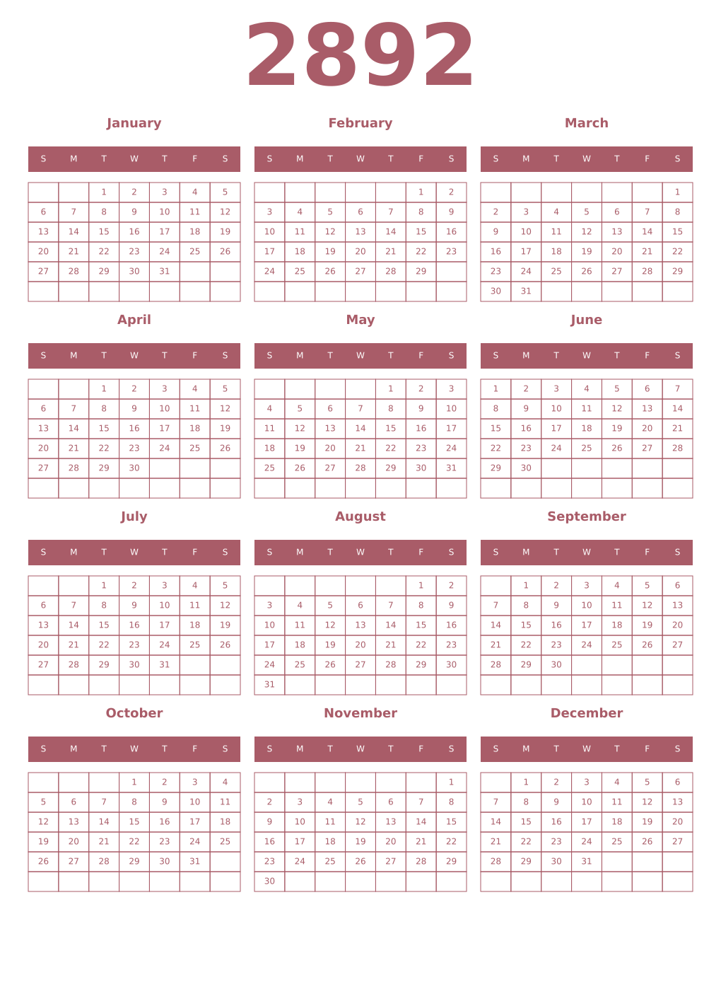 Printable 2892 Year Calendars puce