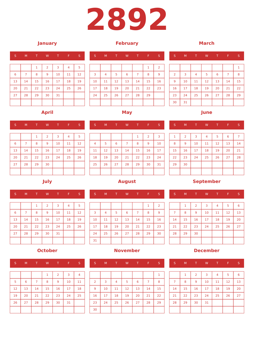 Printable 2892 Year Calendars red