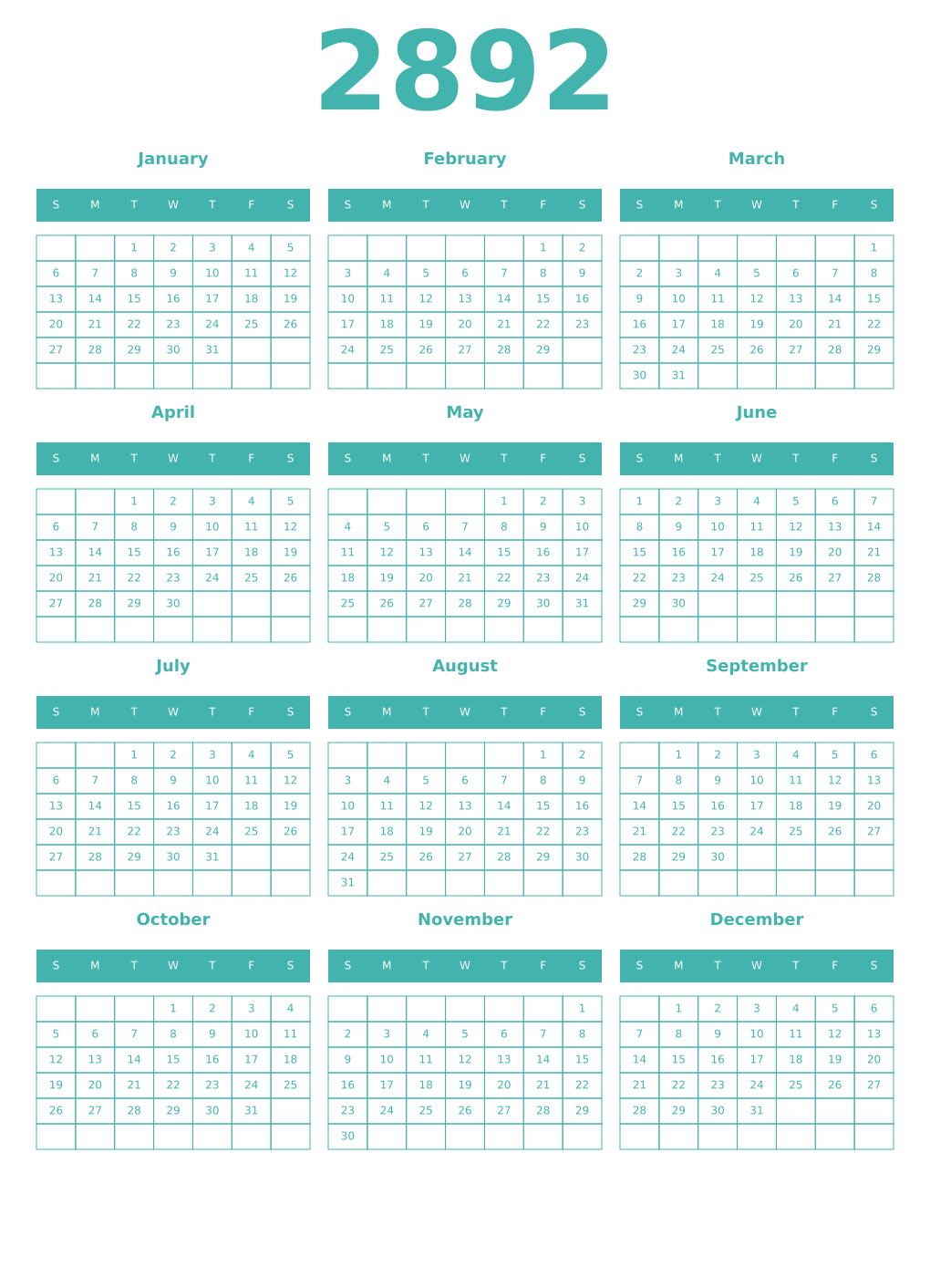 Printable 2892 Year Calendars verdigris