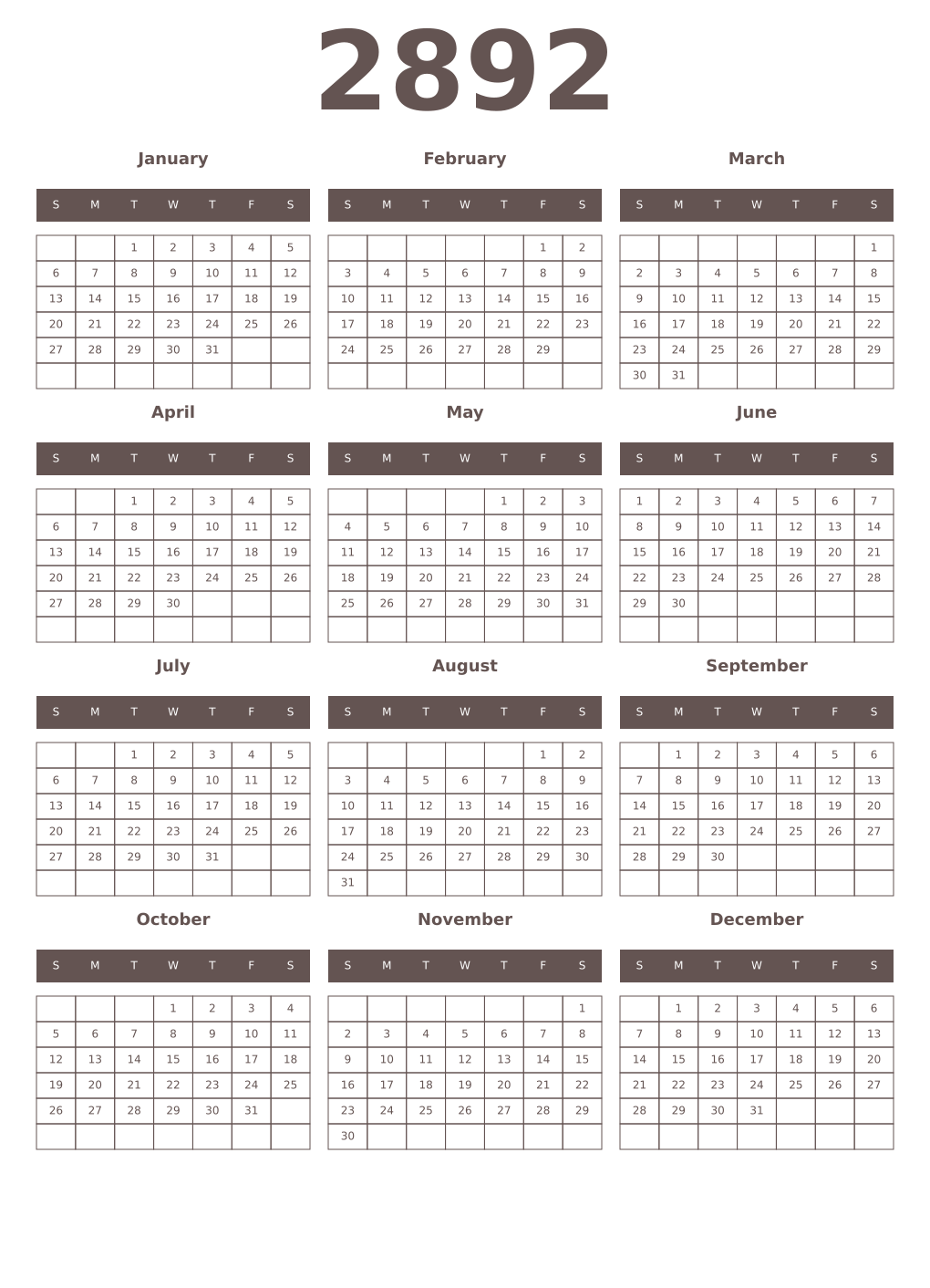 Printable 2892 Year Calendars wenge