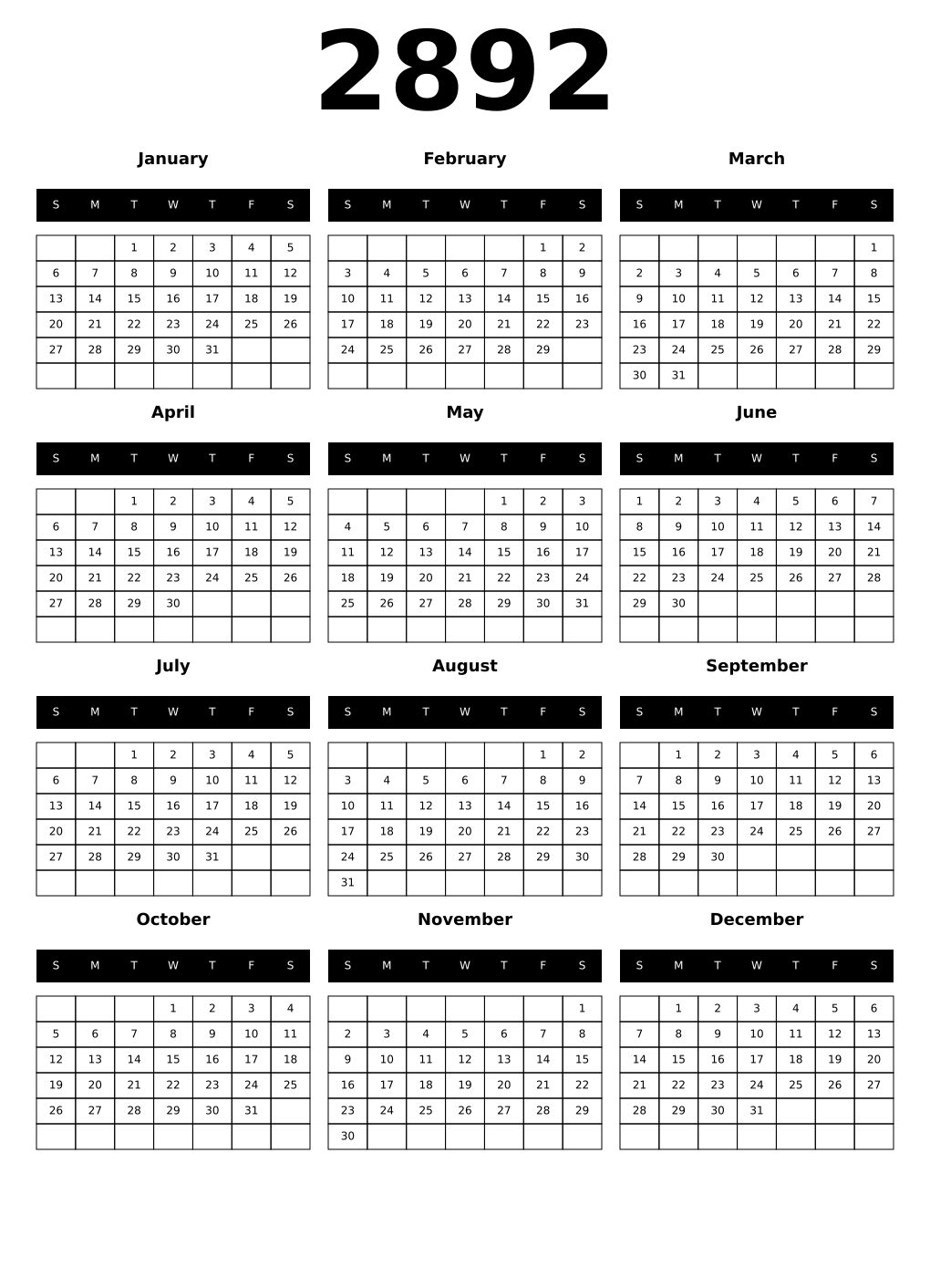 Printable 2892 Calendars