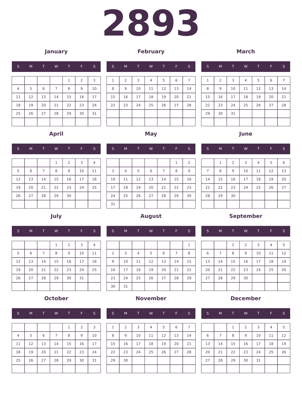 Printable 2893 Year Calendars aubergine