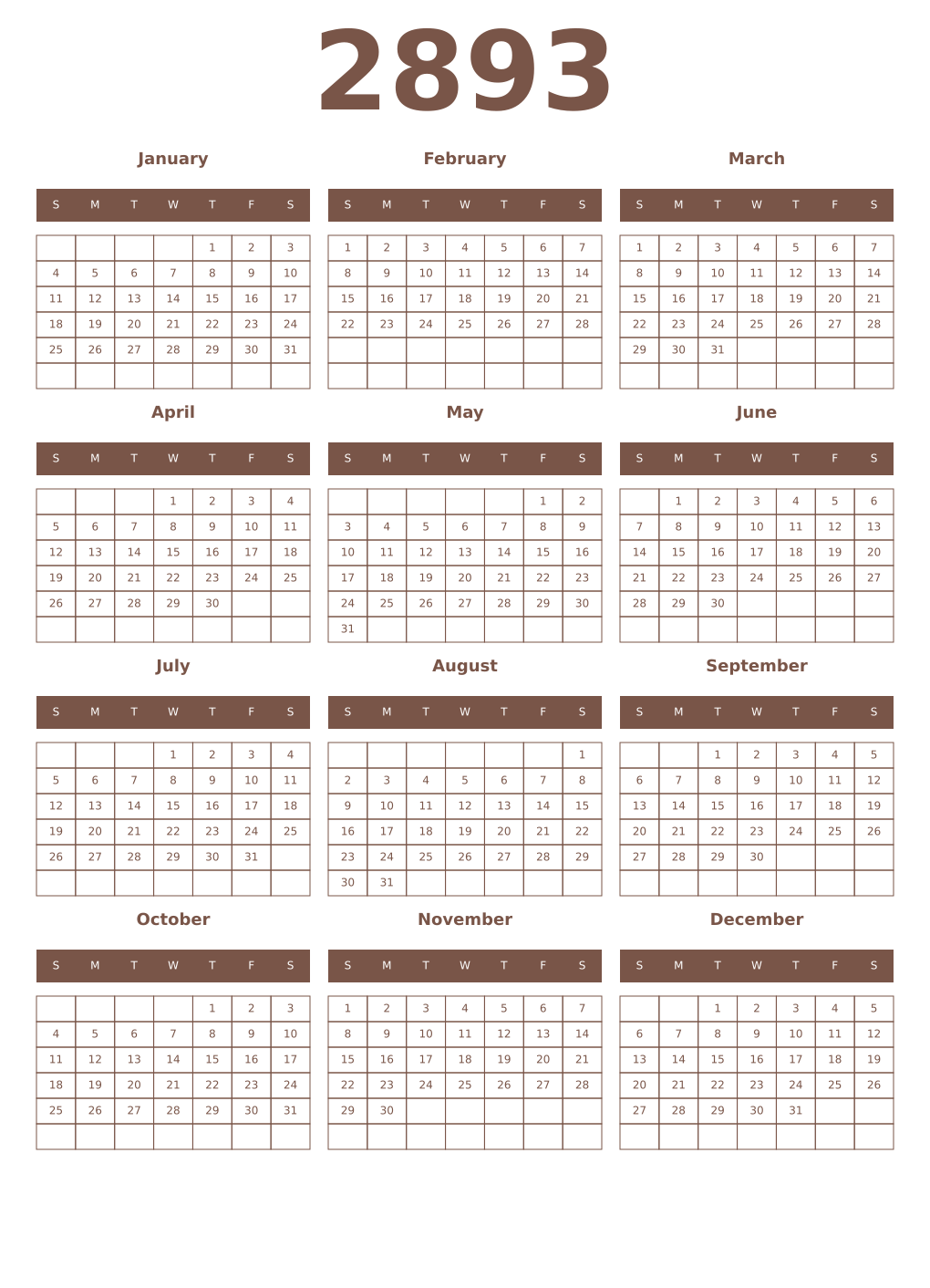Printable 2893 Year Calendars coffe