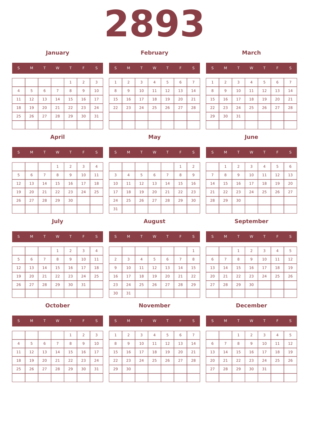 Printable 2893 Year Calendars cordovan
