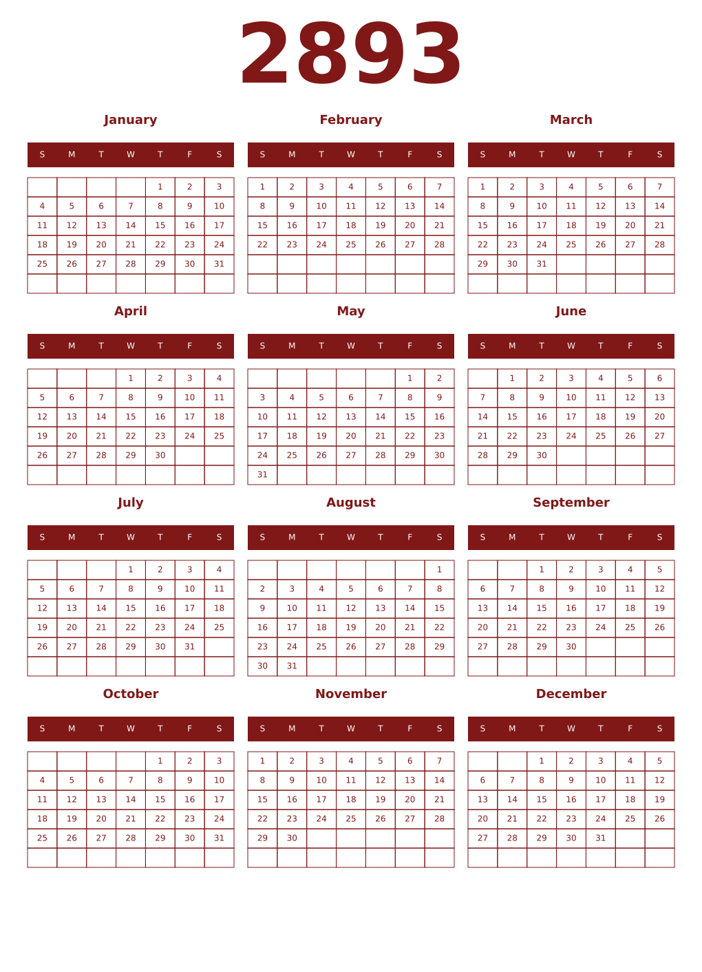 Printable 2893 Year Calendars falu