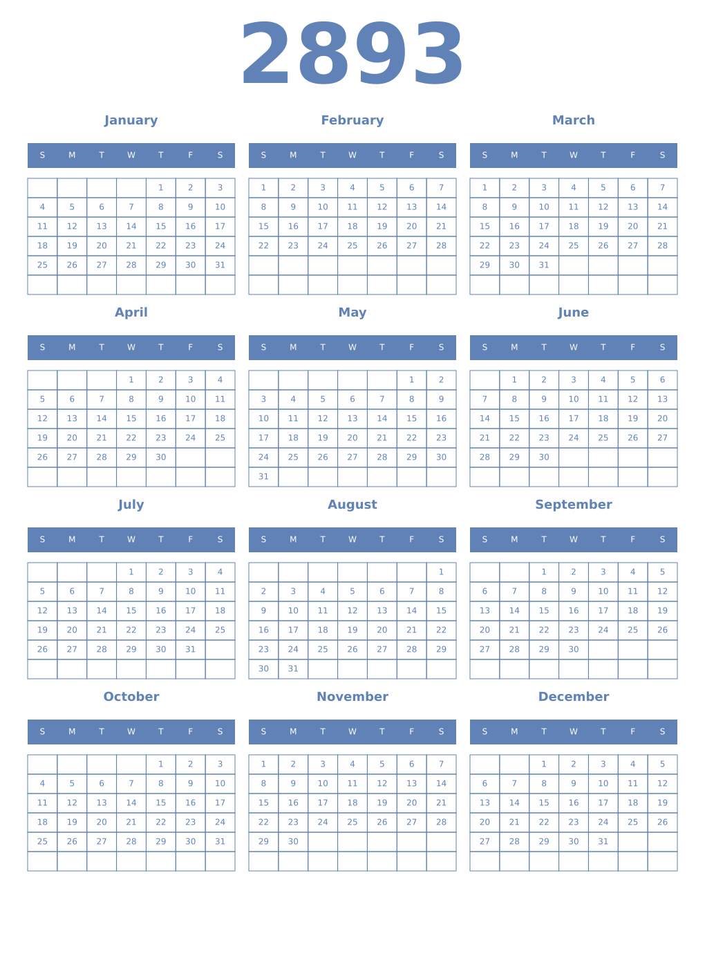 Printable 2893 Year Calendars glaucous