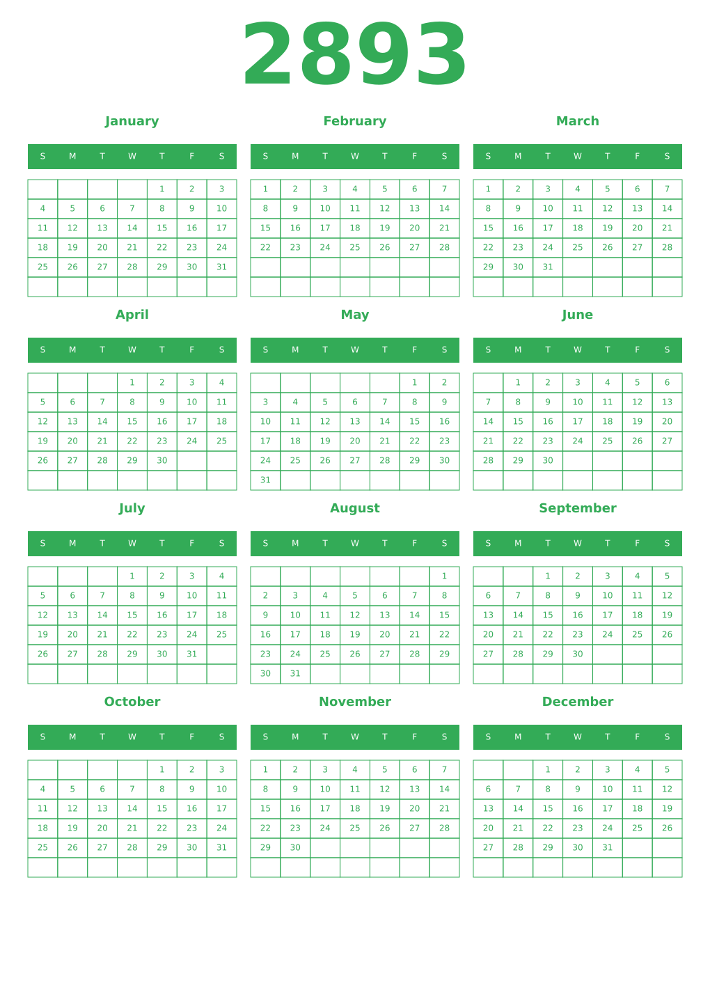 Printable 2893 Year Calendars green