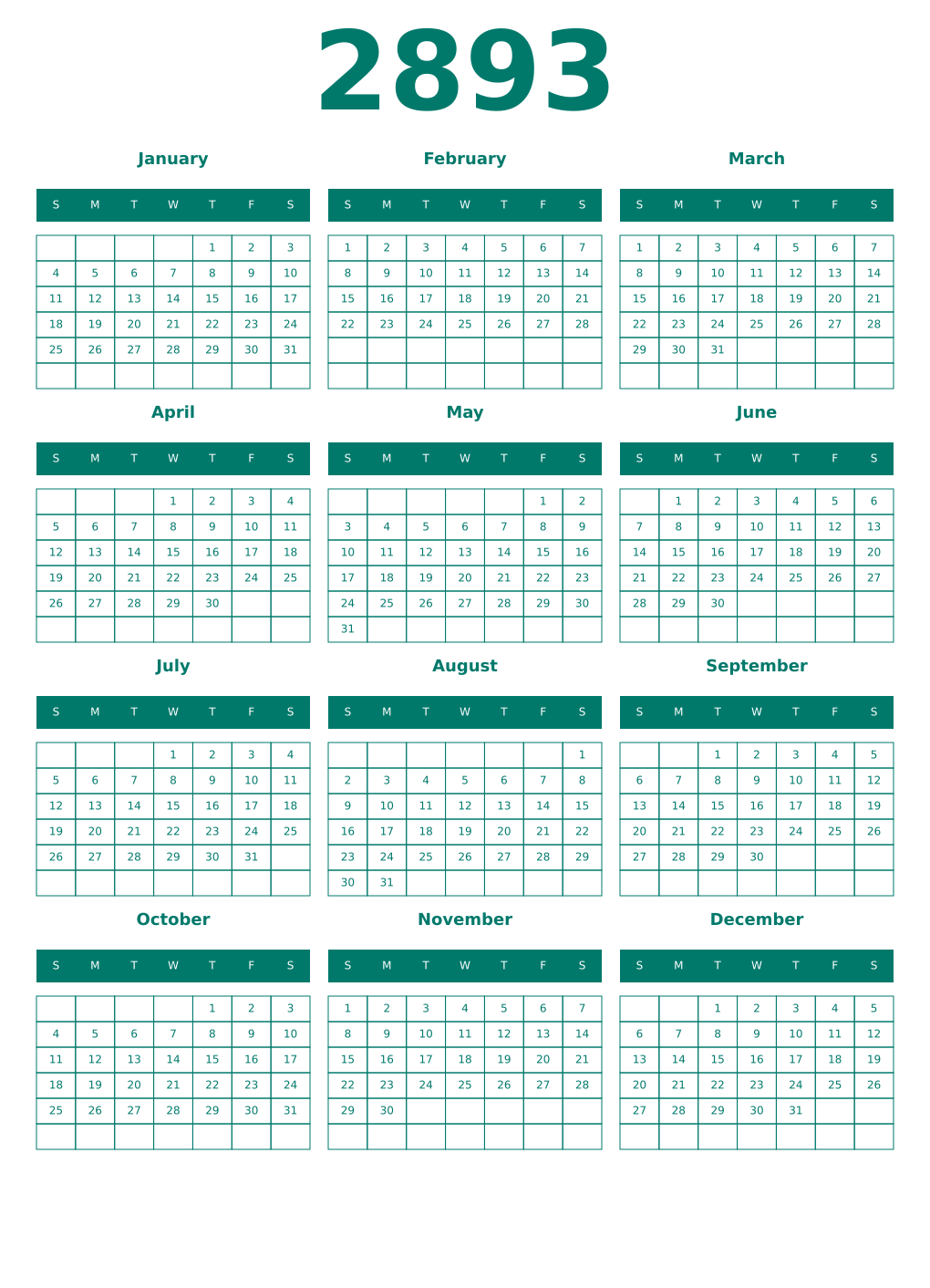 Printable 2893 Year Calendars pastel