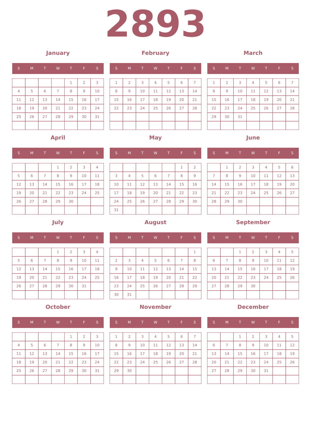Printable 2893 Year Calendars puce
