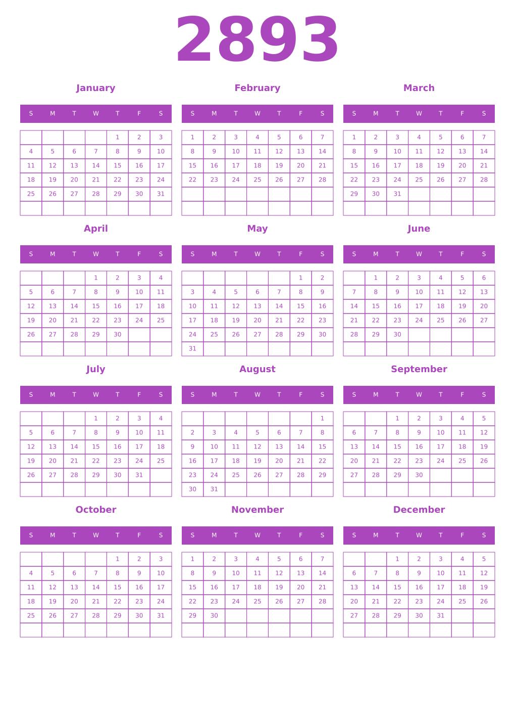 Printable 2893 Year Calendars purple