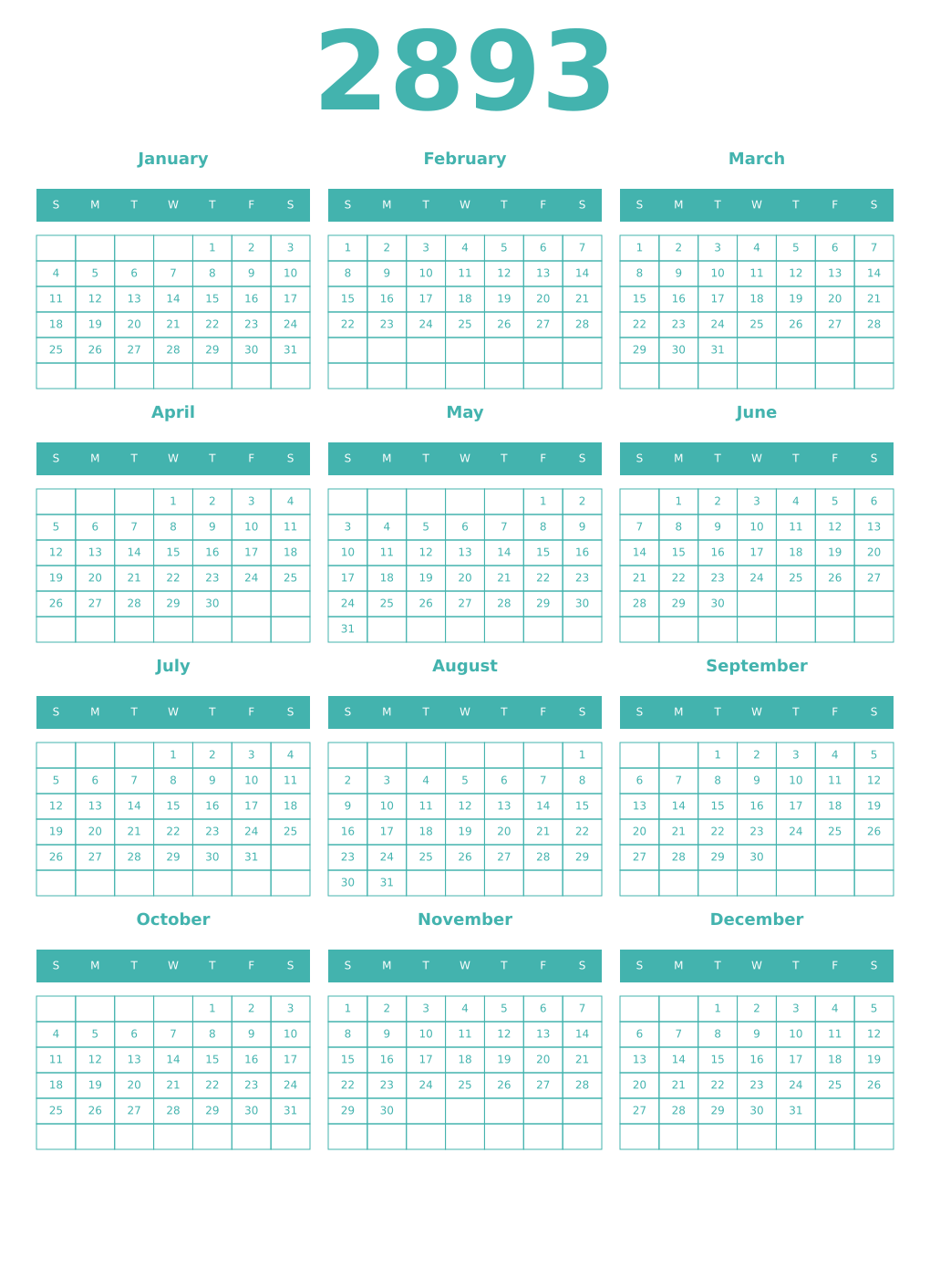 Printable 2893 Year Calendars verdigris
