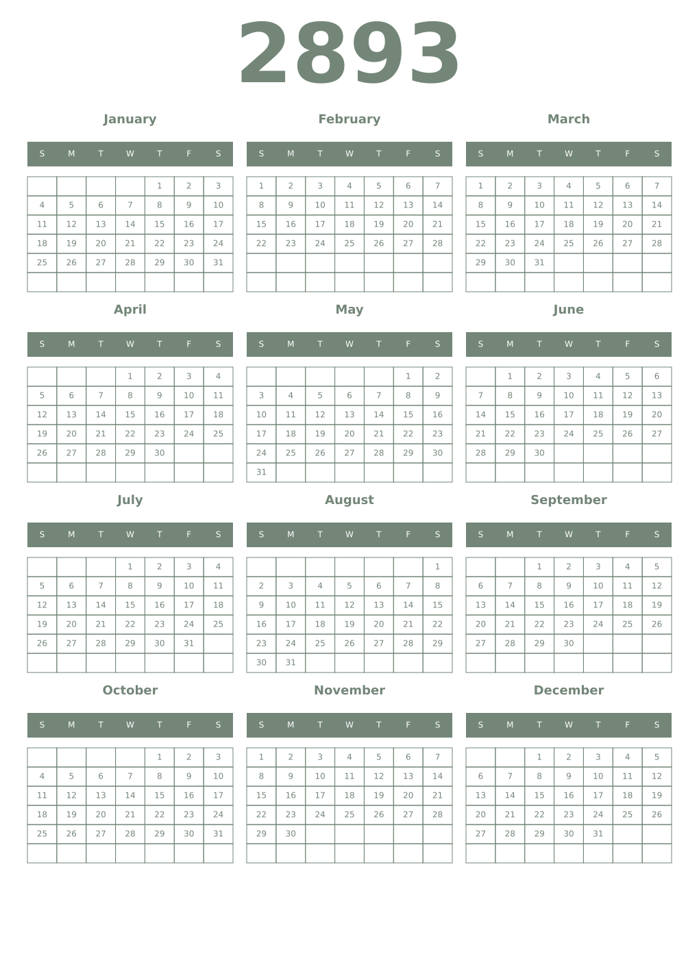 Printable 2893 Year Calendars xanadu