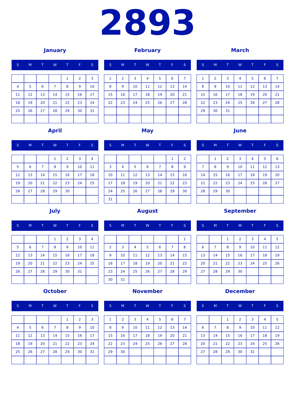 Printable 2893 Year Calendars zaffre