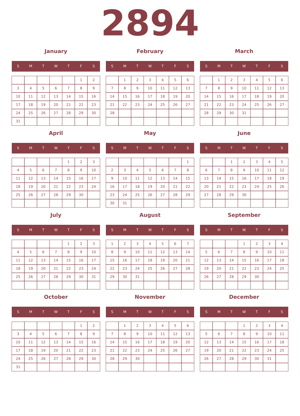 Printable 2894 Year Calendars cordovan