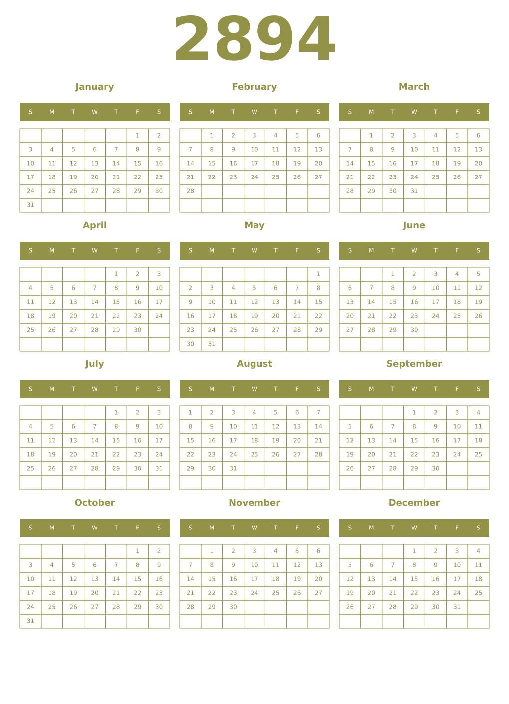 Printable 2894 Year Calendars eburnean