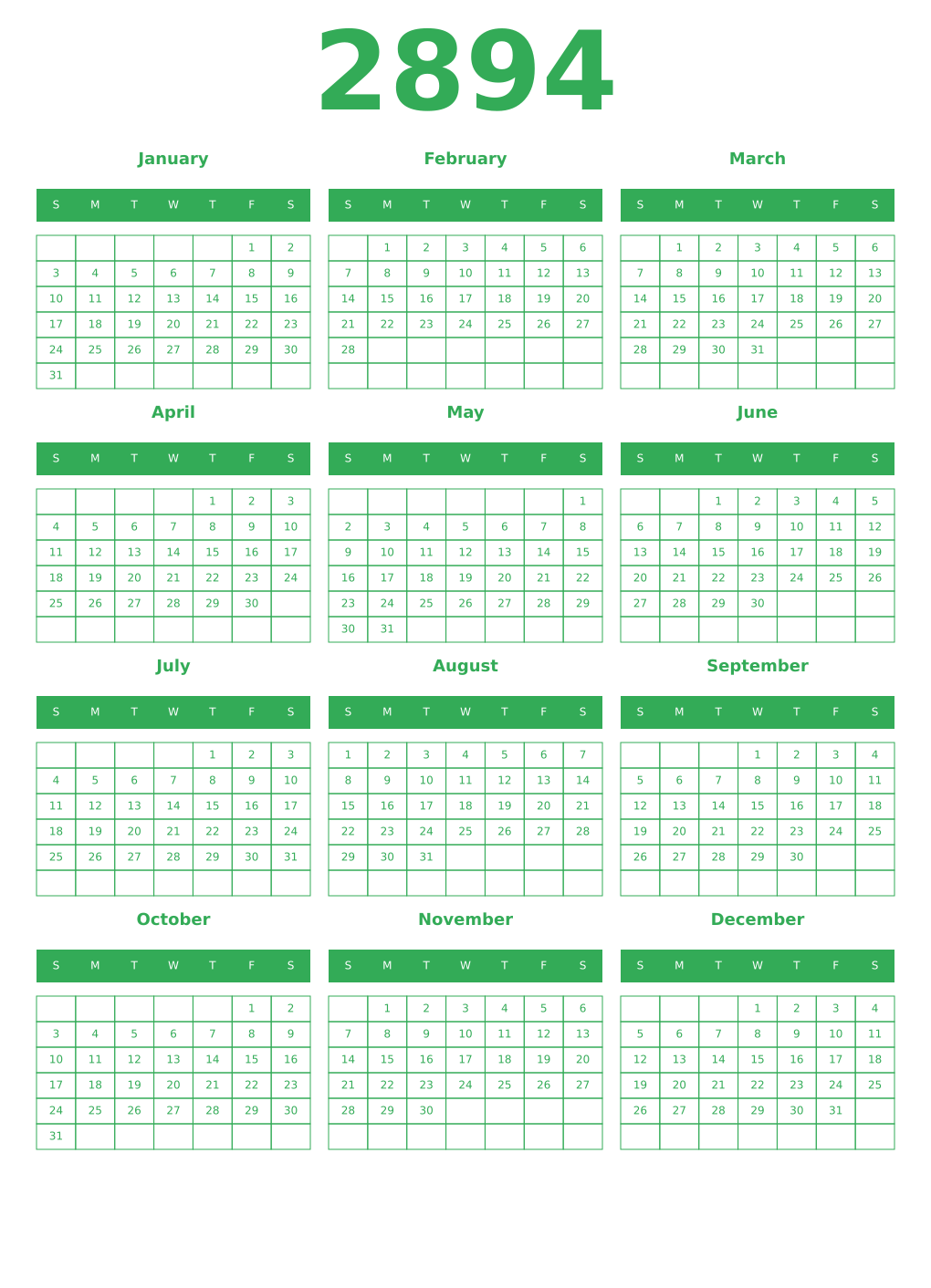 Printable 2894 Year Calendars green