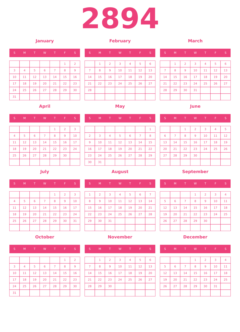 Printable 2894 Year Calendars pink