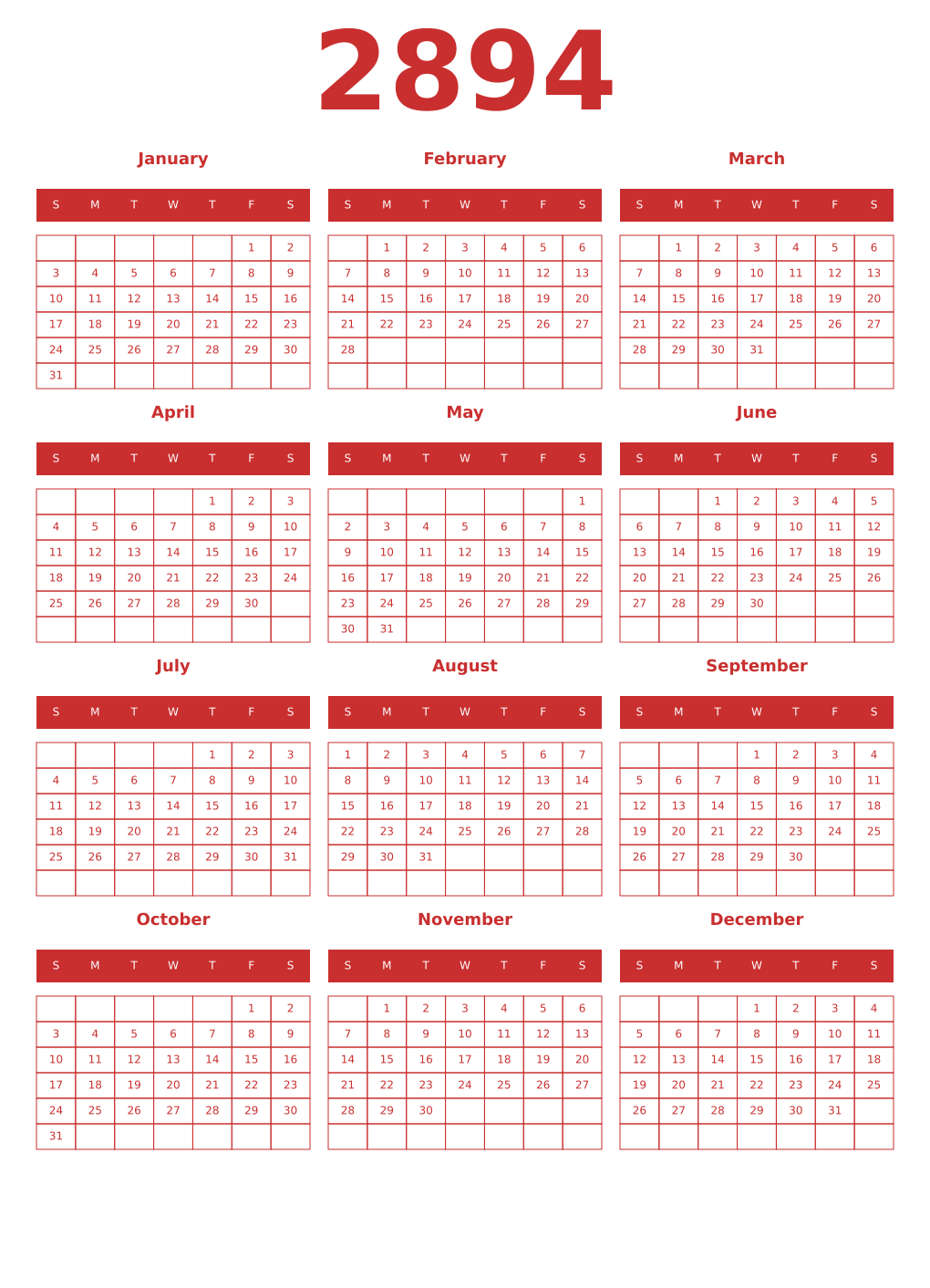 Printable 2894 Year Calendars red