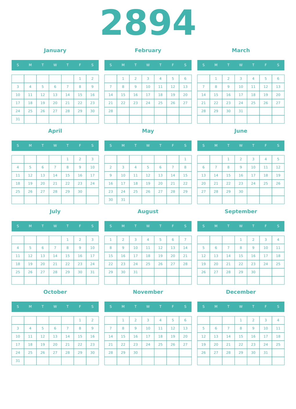 Printable 2894 Year Calendars verdigris