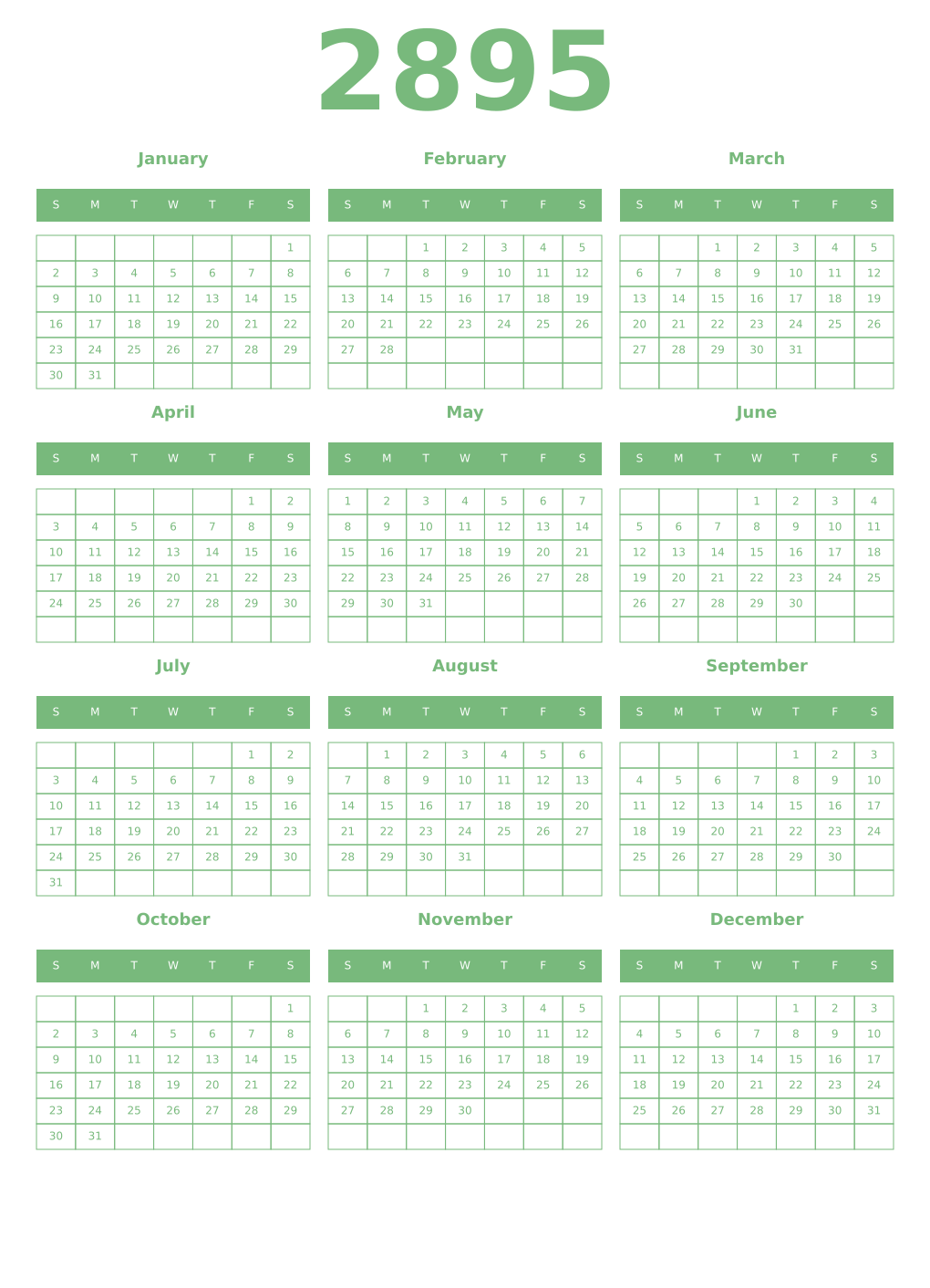Printable 2895 Year Calendars celadon