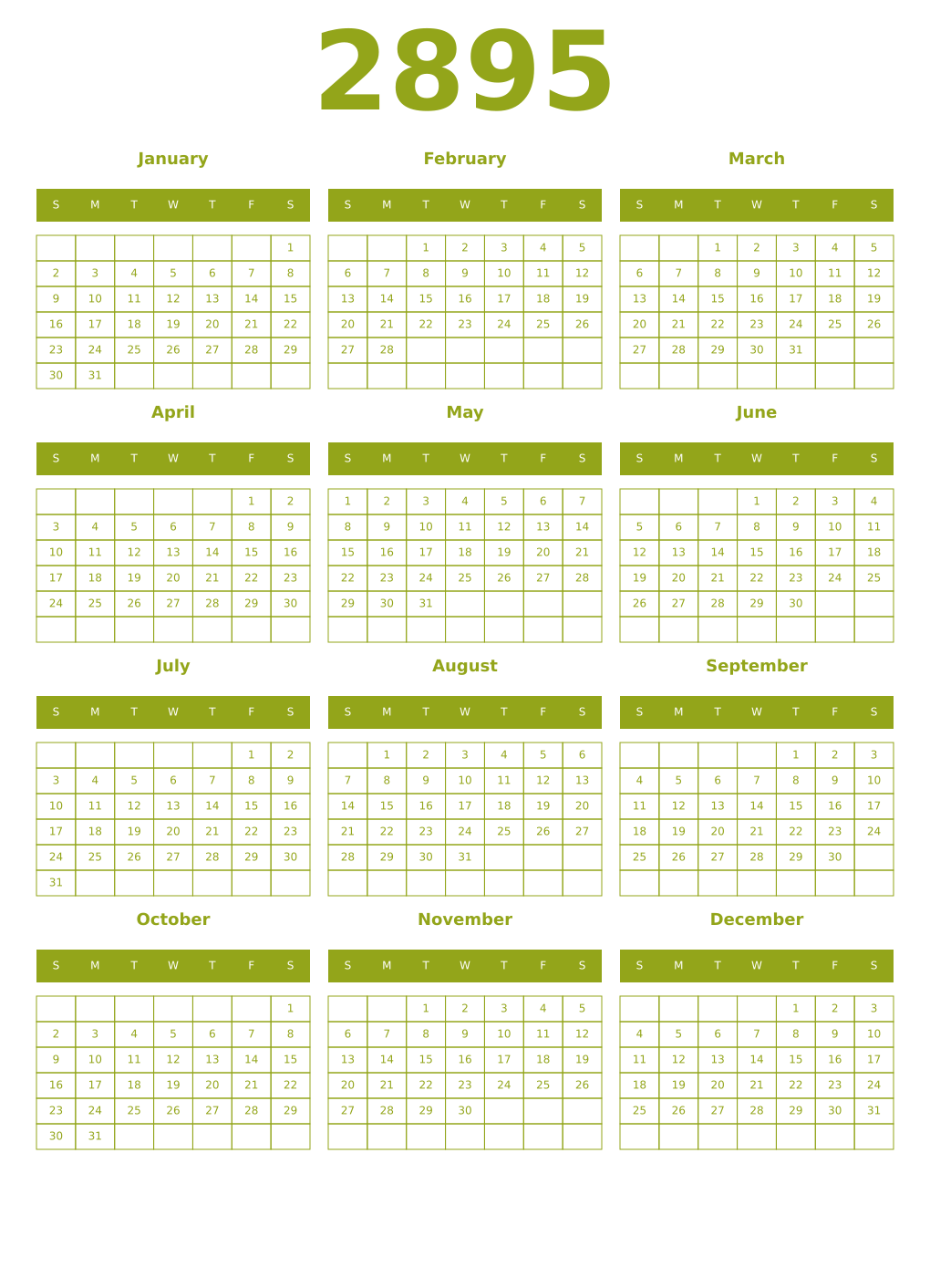 Printable 2895 Year Calendars chartreuse