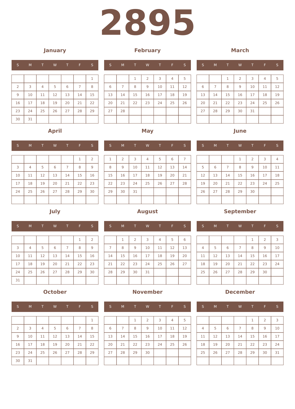 Printable 2895 Year Calendars coffe