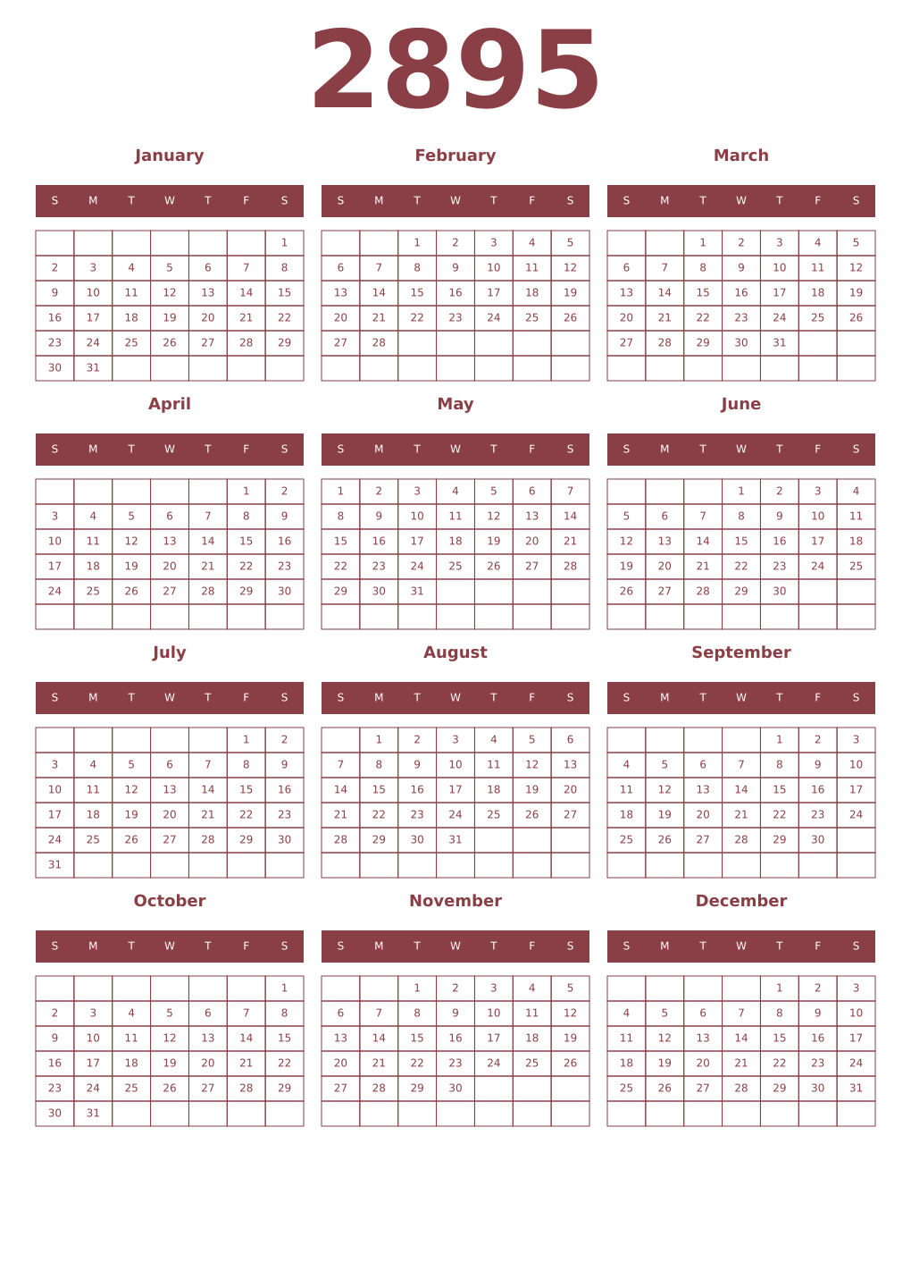 Printable 2895 Year Calendars cordovan