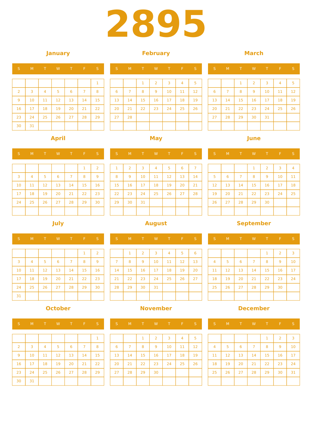 Printable 2895 Year Calendars gamboge