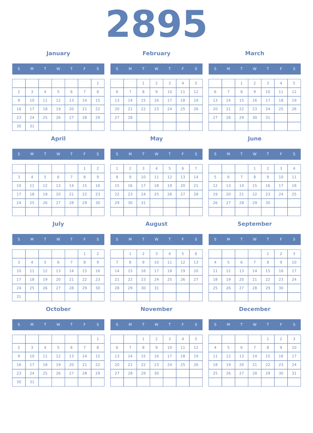 Printable 2895 Year Calendars glaucous