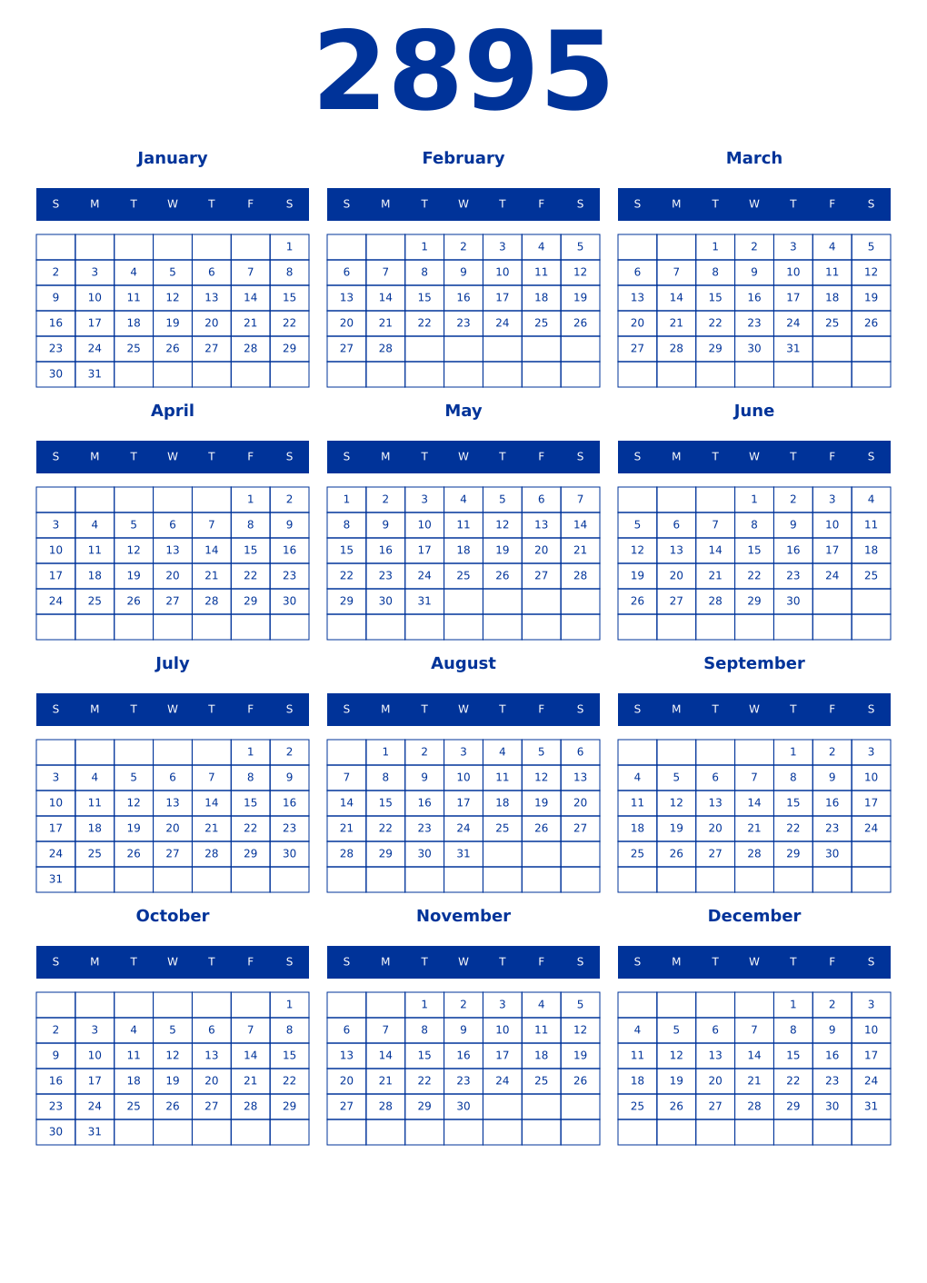 Printable 2895 Year Calendars smalt