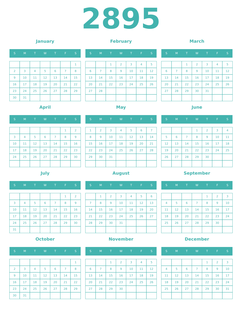 Printable 2895 Year Calendars verdigris