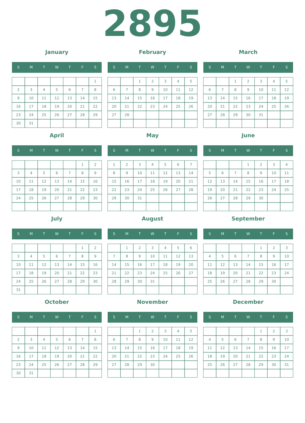 Printable 2895 Year Calendars viridian