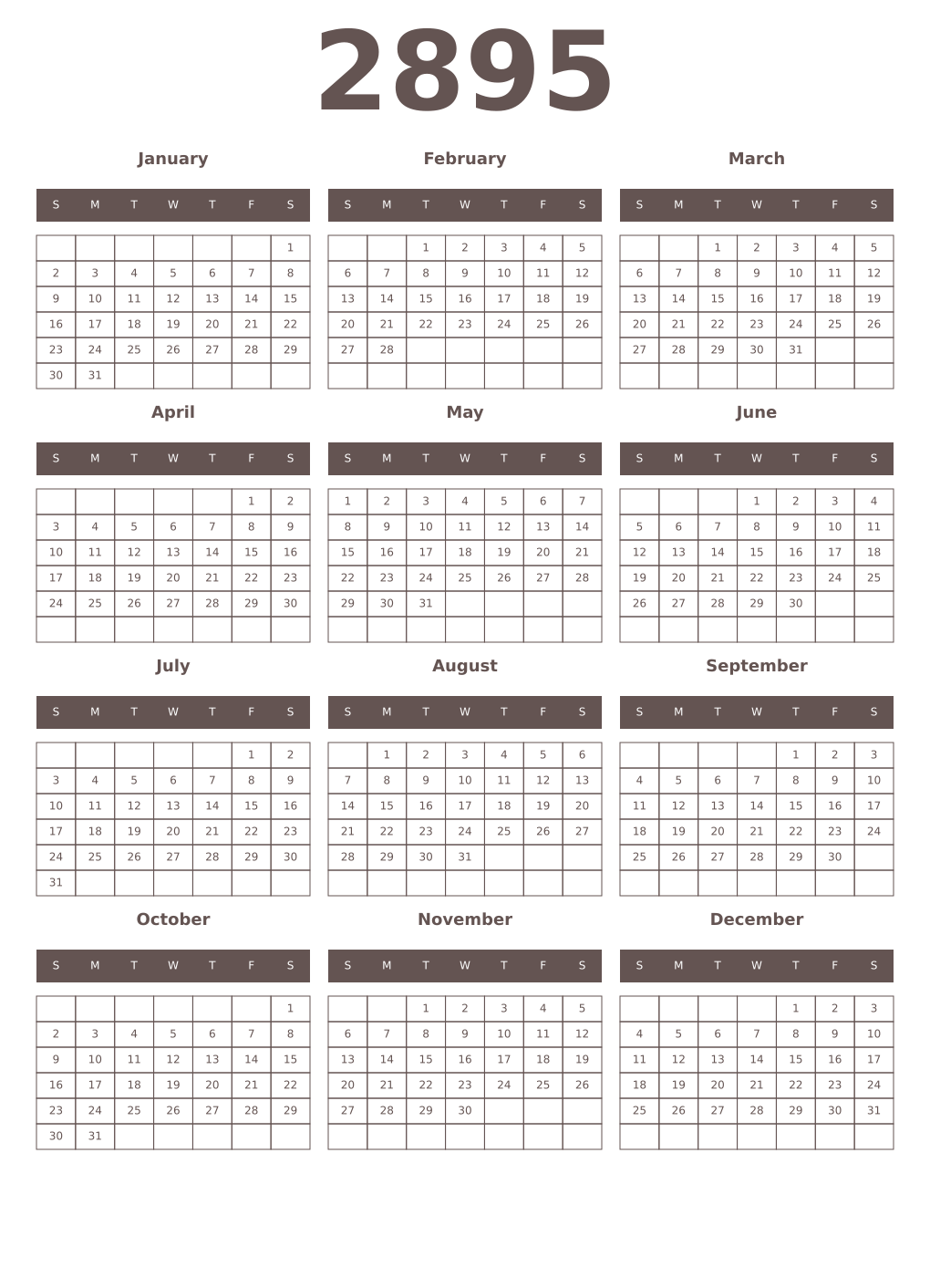 Printable 2895 Year Calendars wenge