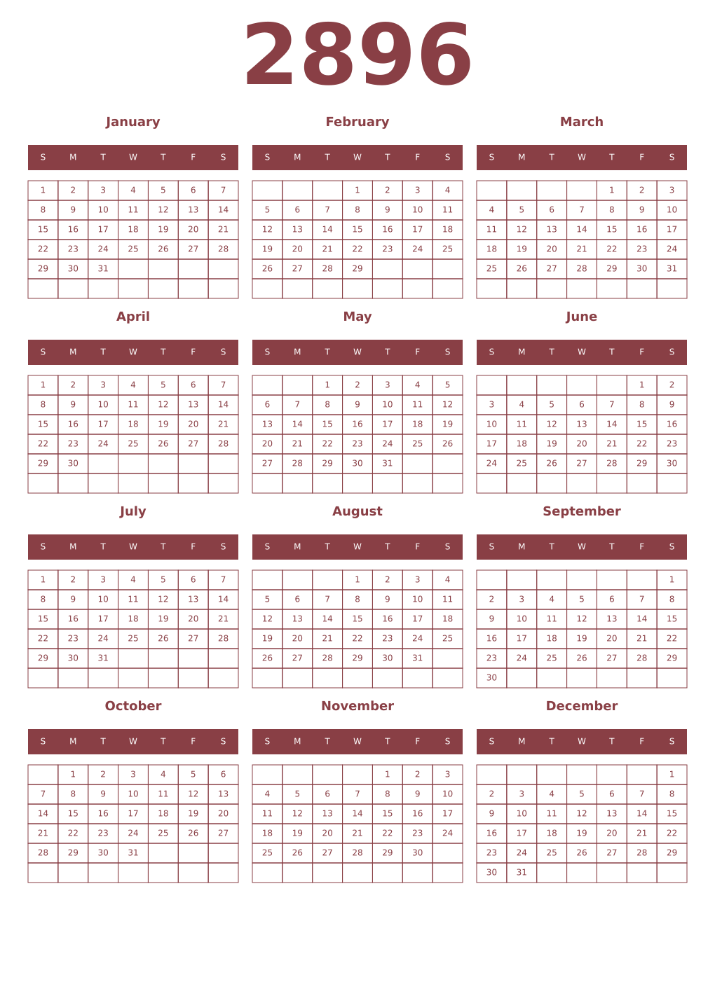Printable 2896 Year Calendars cordovan
