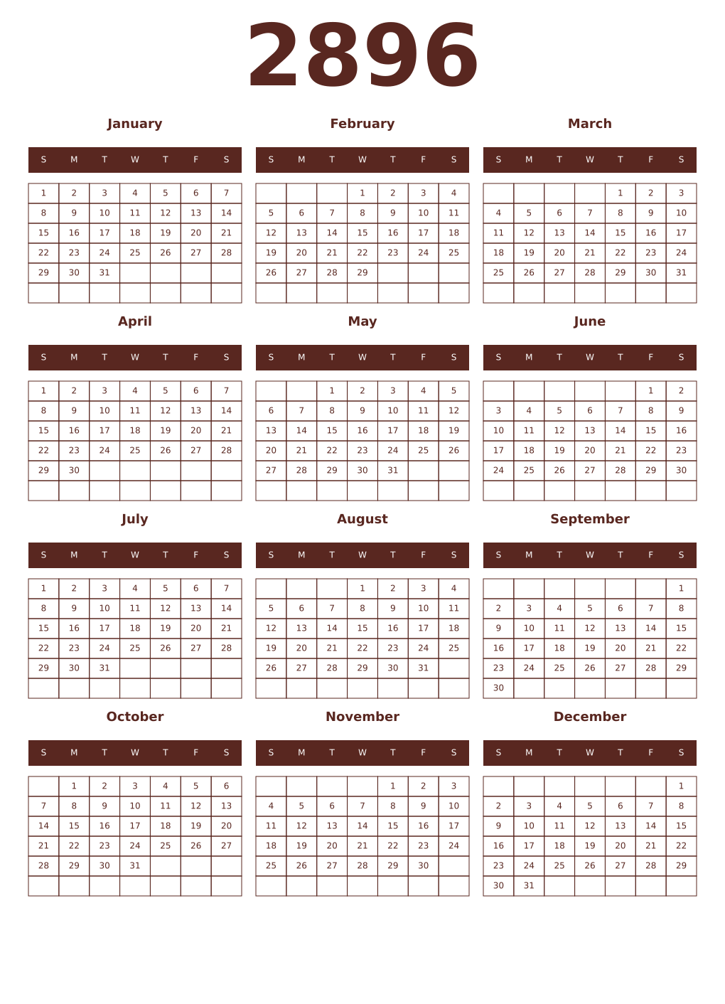 Printable 2896 Year Calendars mortuum