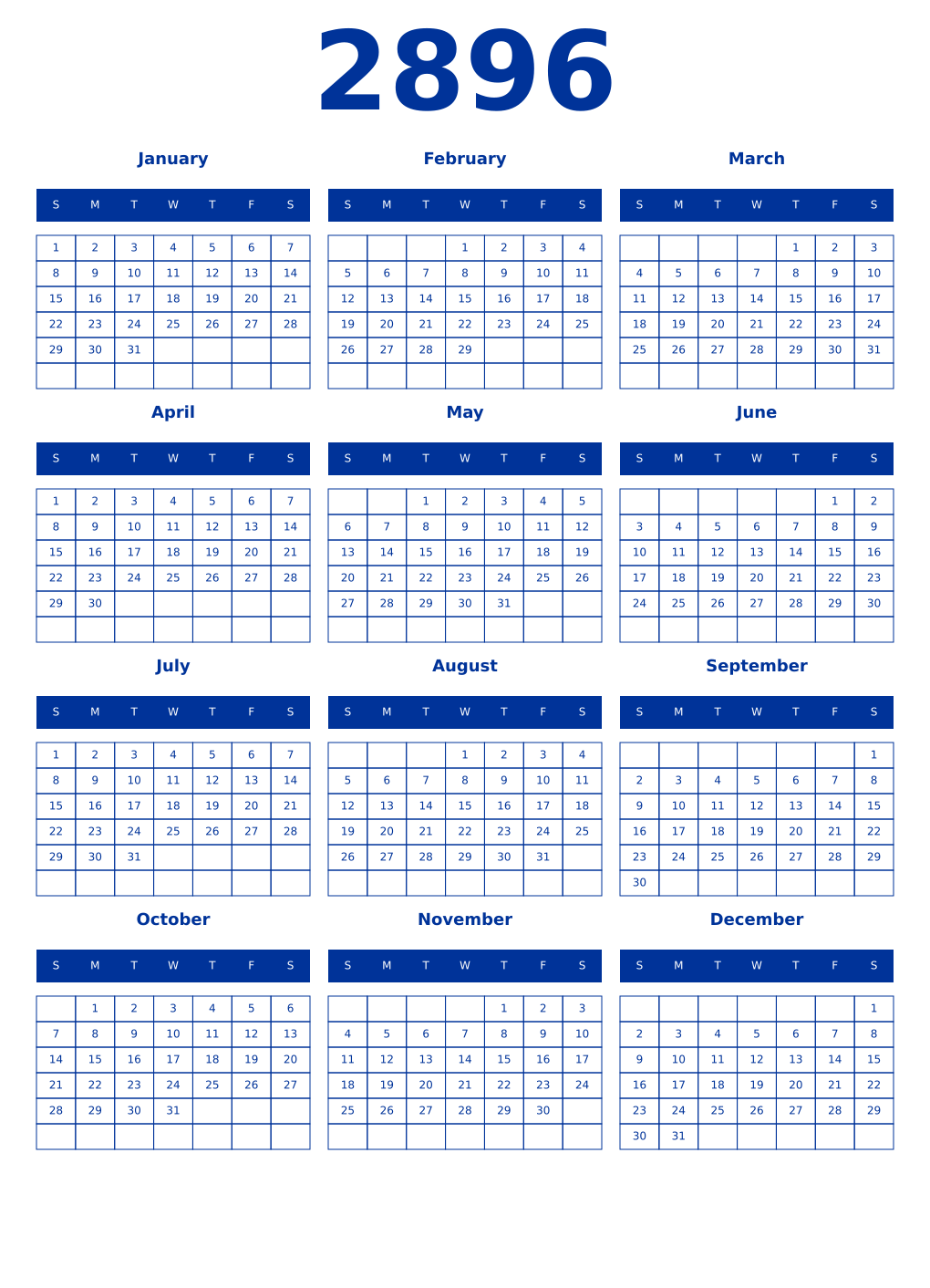 Printable 2896 Year Calendars smalt
