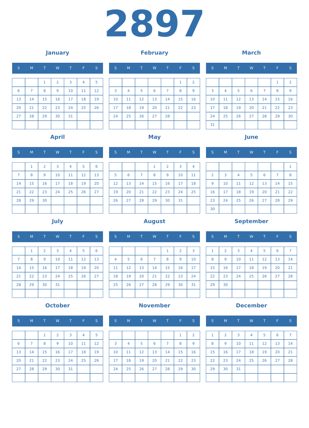 Printable 2897 Year Calendars blue