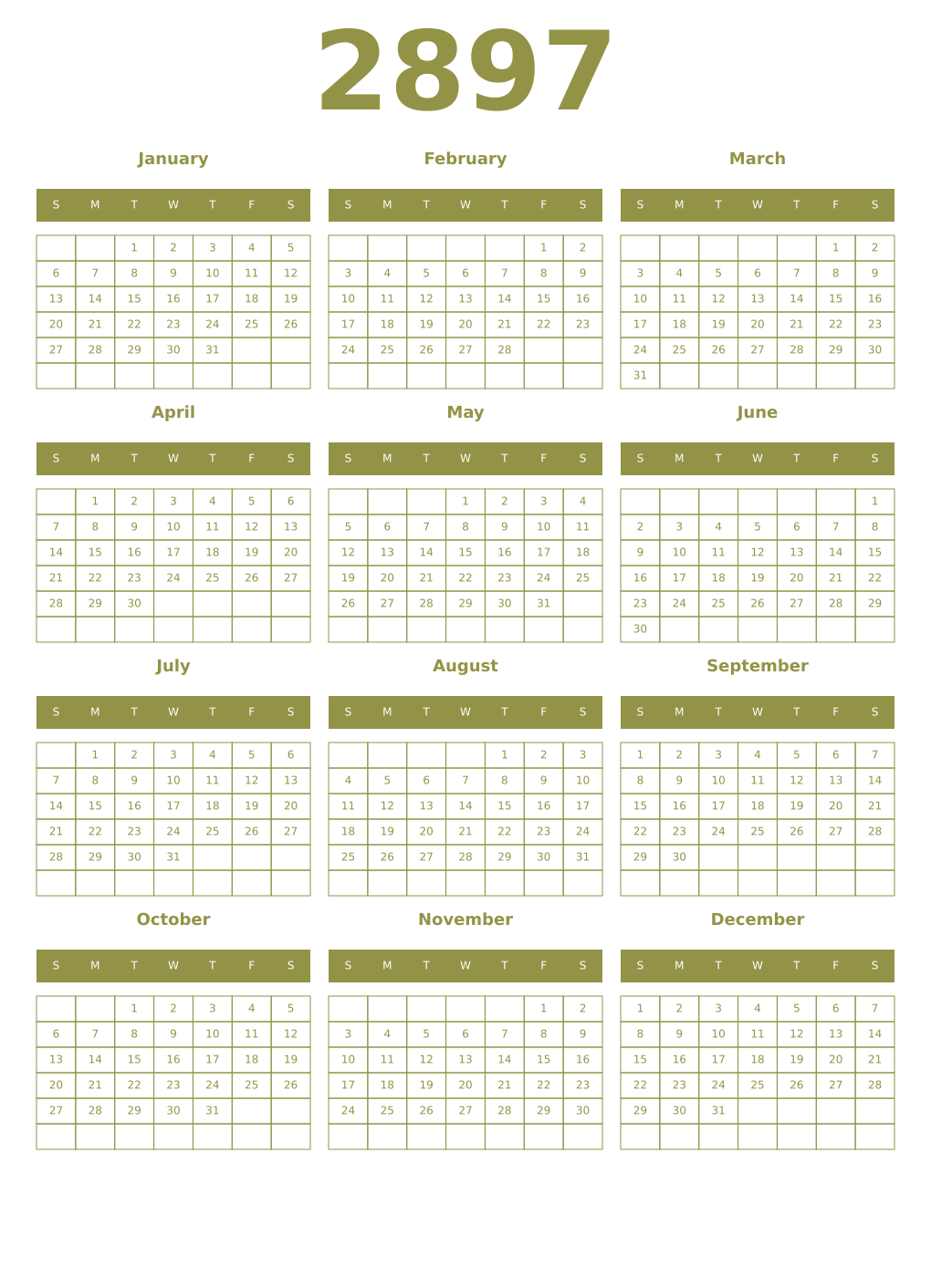 Printable 2897 Year Calendars eburnean