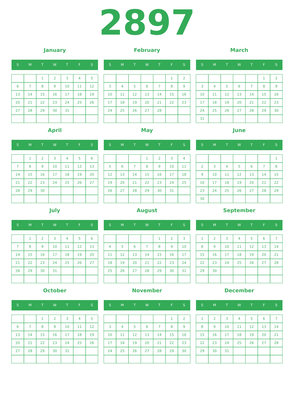 Printable 2897 Year Calendars green