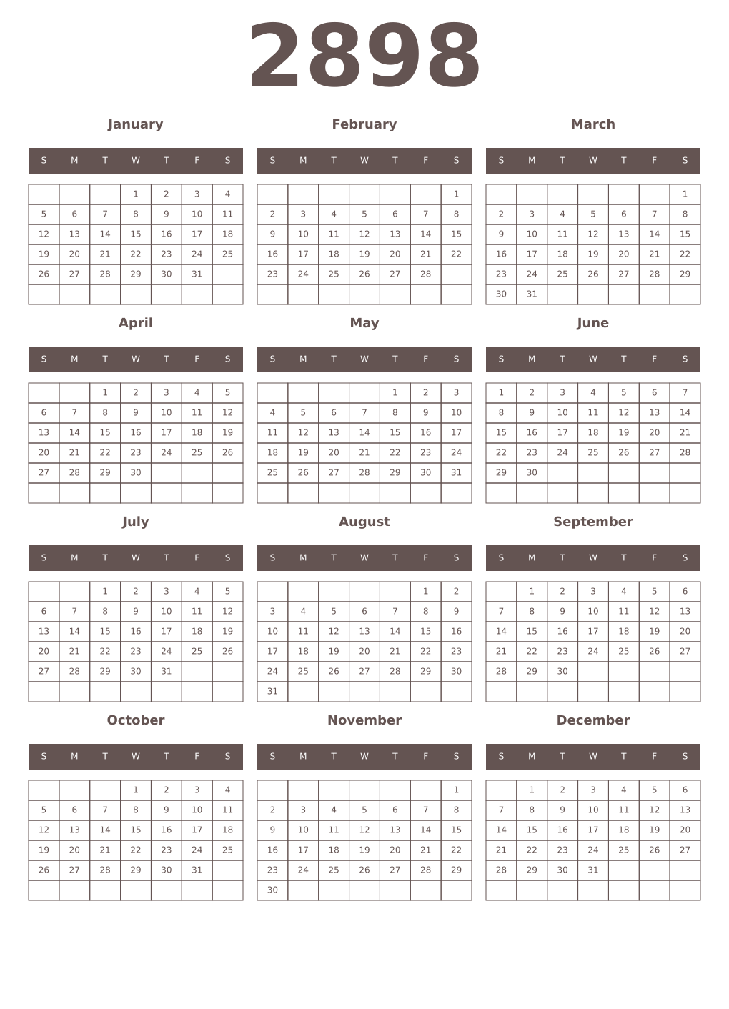 Printable 2898 Year Calendars wenge