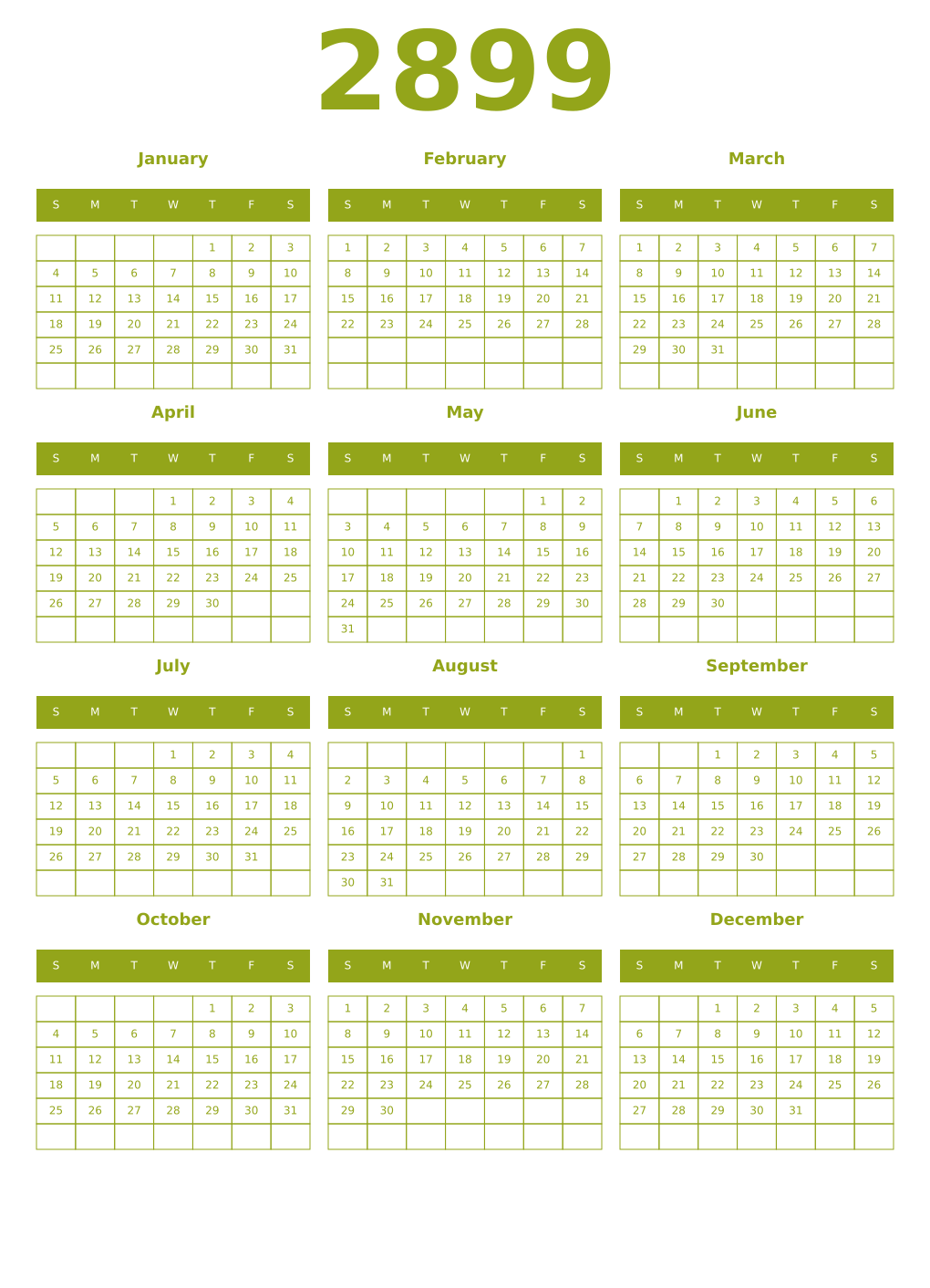 Printable 2899 Year Calendars chartreuse