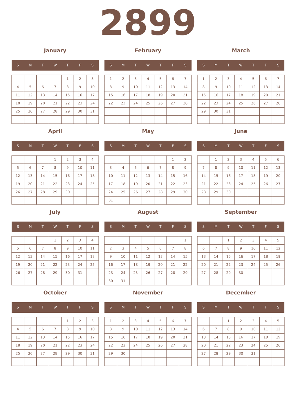 Printable 2899 Year Calendars coffe
