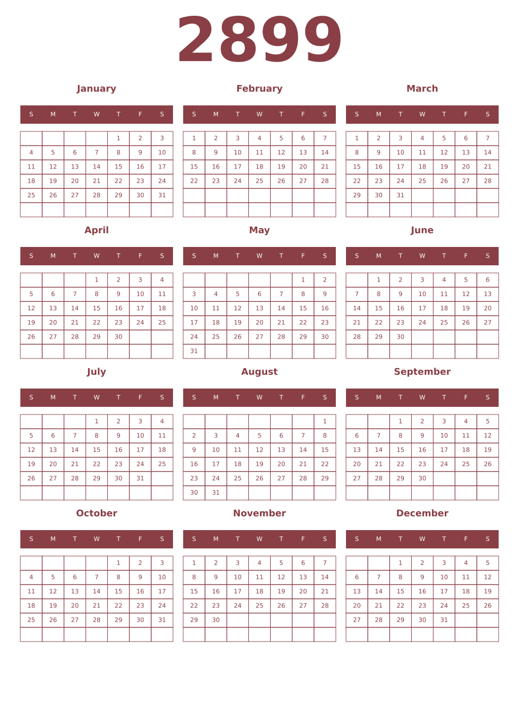 Printable 2899 Year Calendars cordovan