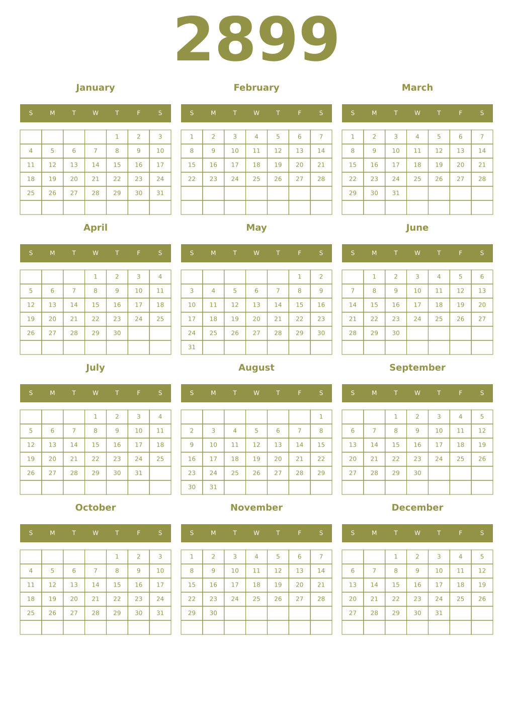 Printable 2899 Year Calendars eburnean