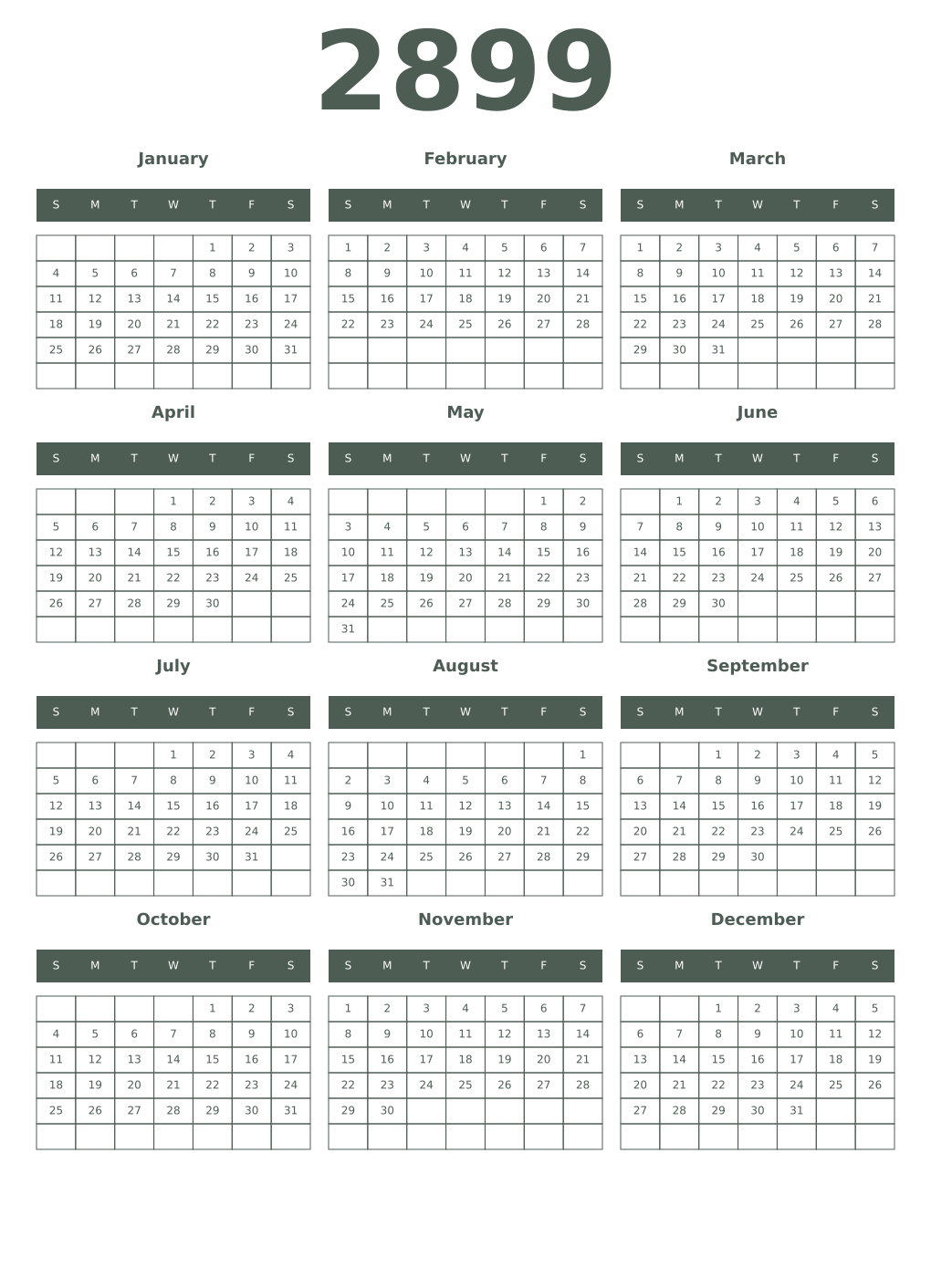 Printable 2899 Year Calendars feldgrau