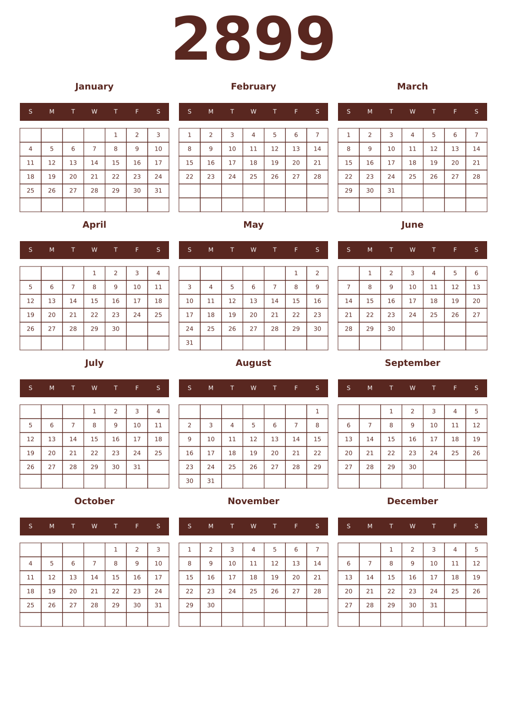 Printable 2899 Year Calendars mortuum