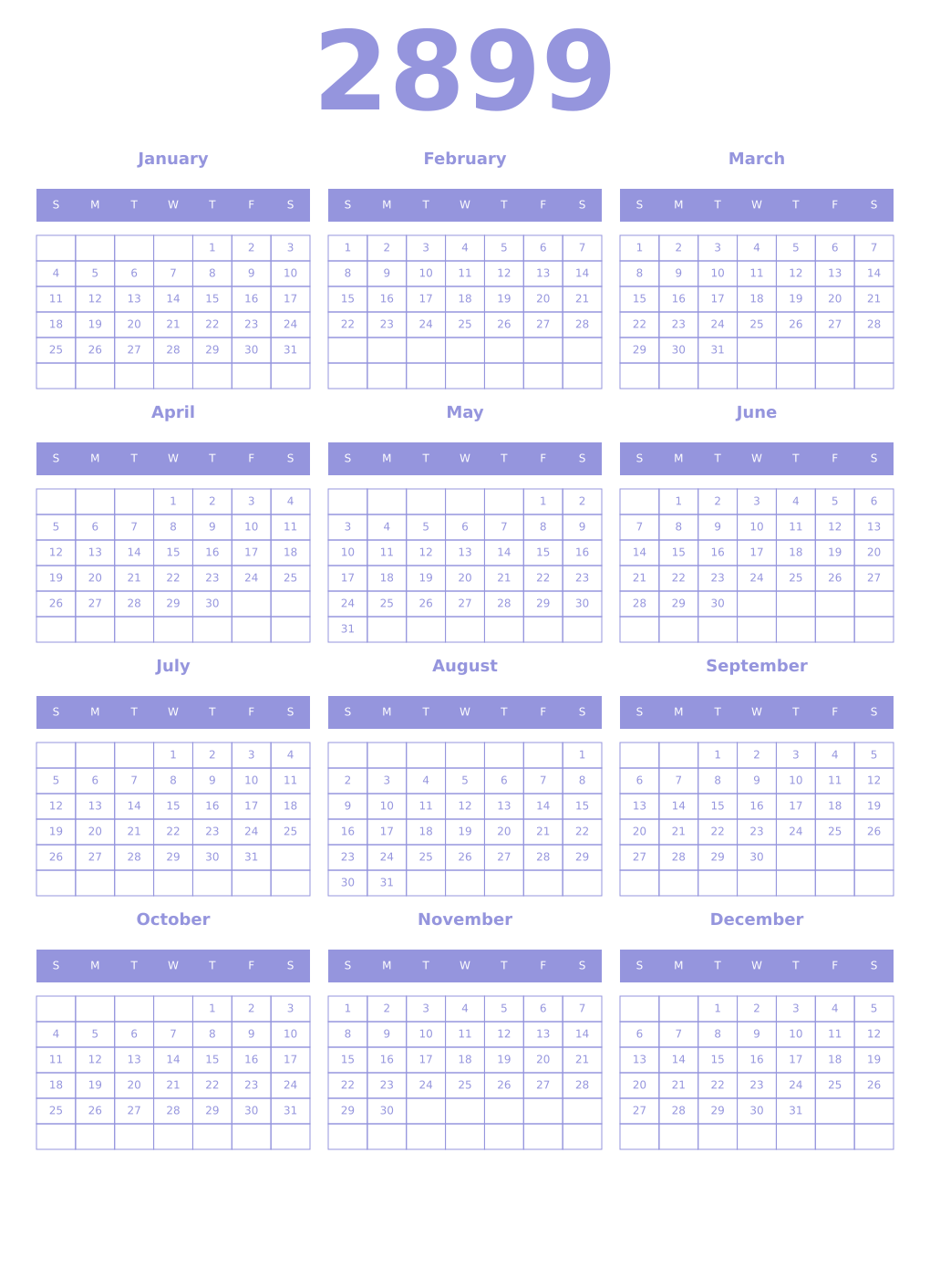 Printable 2899 Year Calendars periwinkle