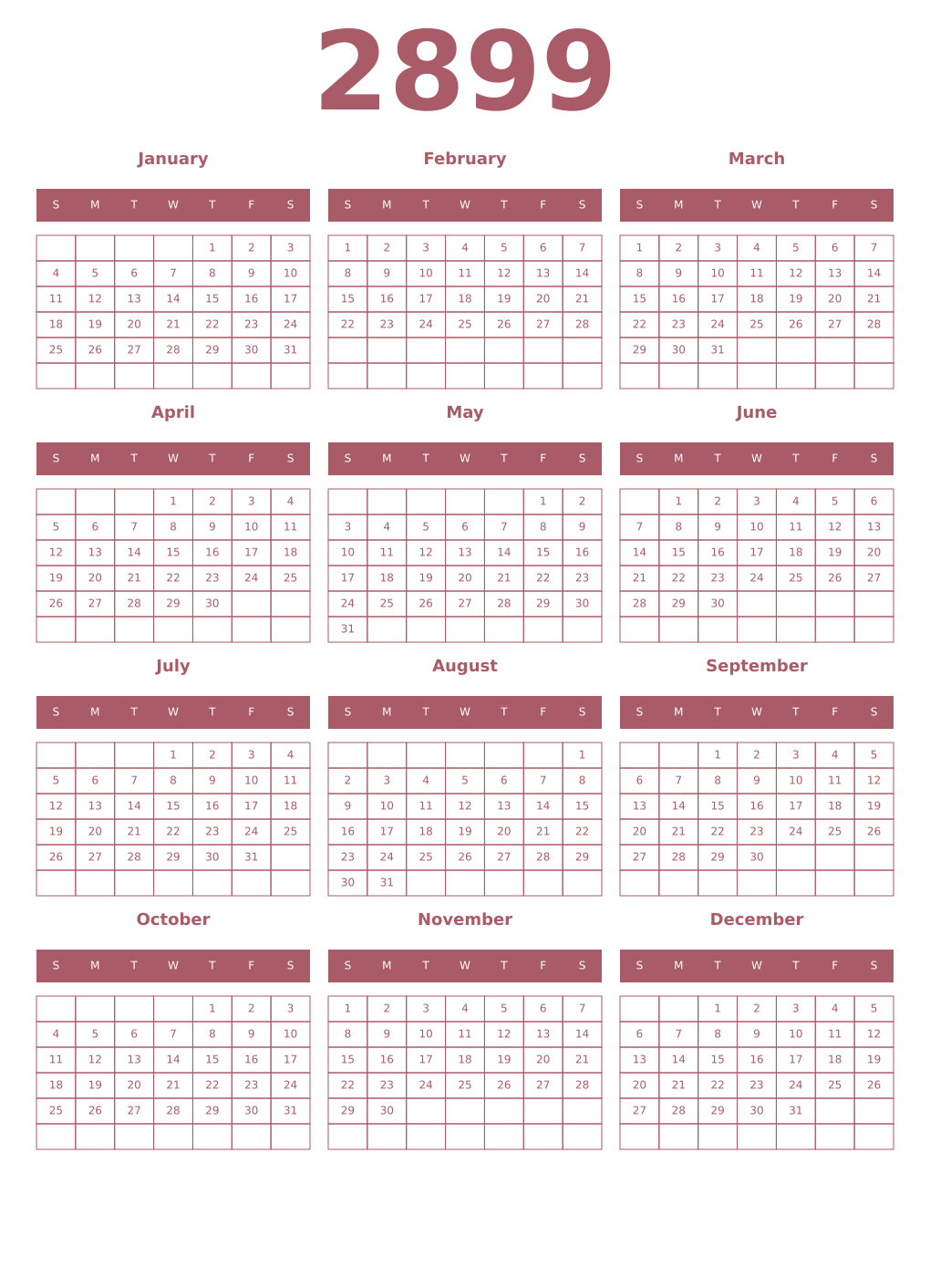 Printable 2899 Year Calendars puce