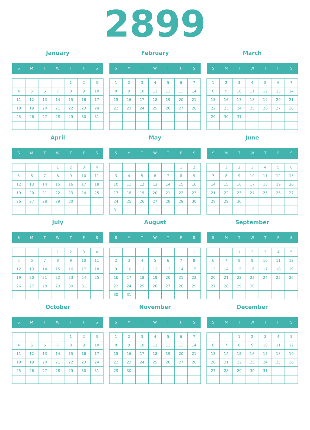 Printable 2899 Year Calendars verdigris
